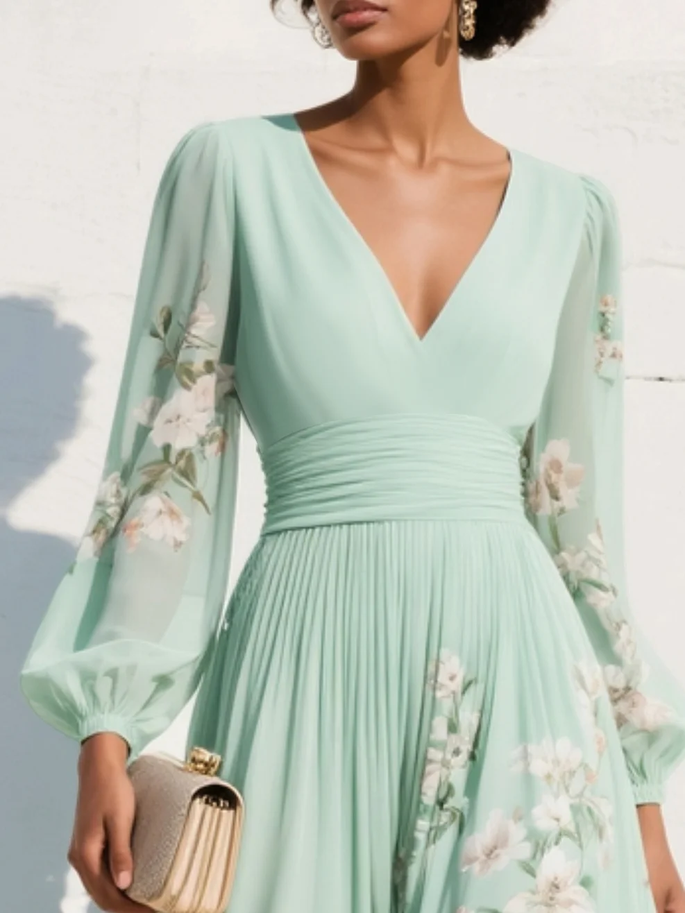Odile | Women's Floral V Neck Balloon Long Sleeve Fall Brunch Midi Dress