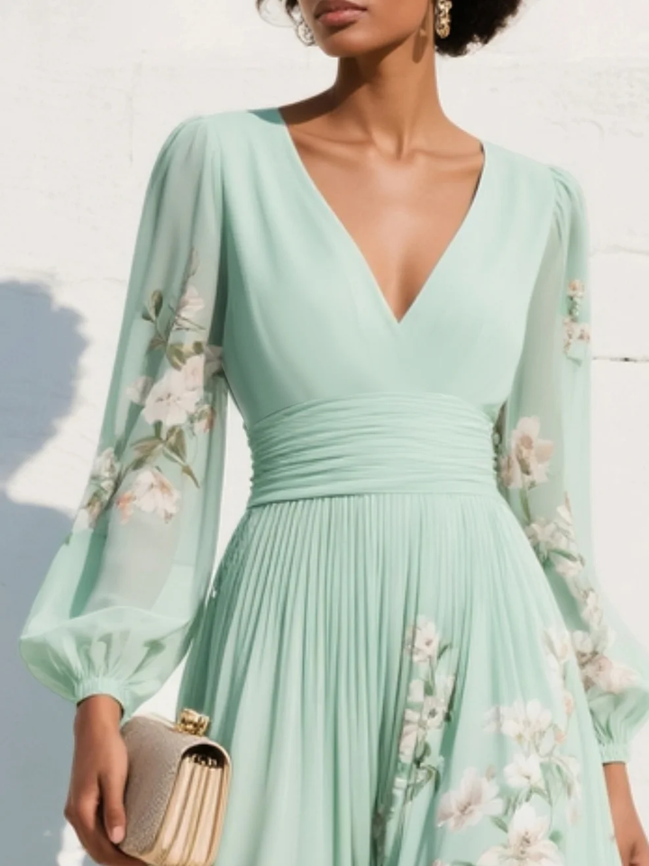 Odile | Women's Floral V Neck Balloon Long Sleeve Fall Brunch Midi Dress