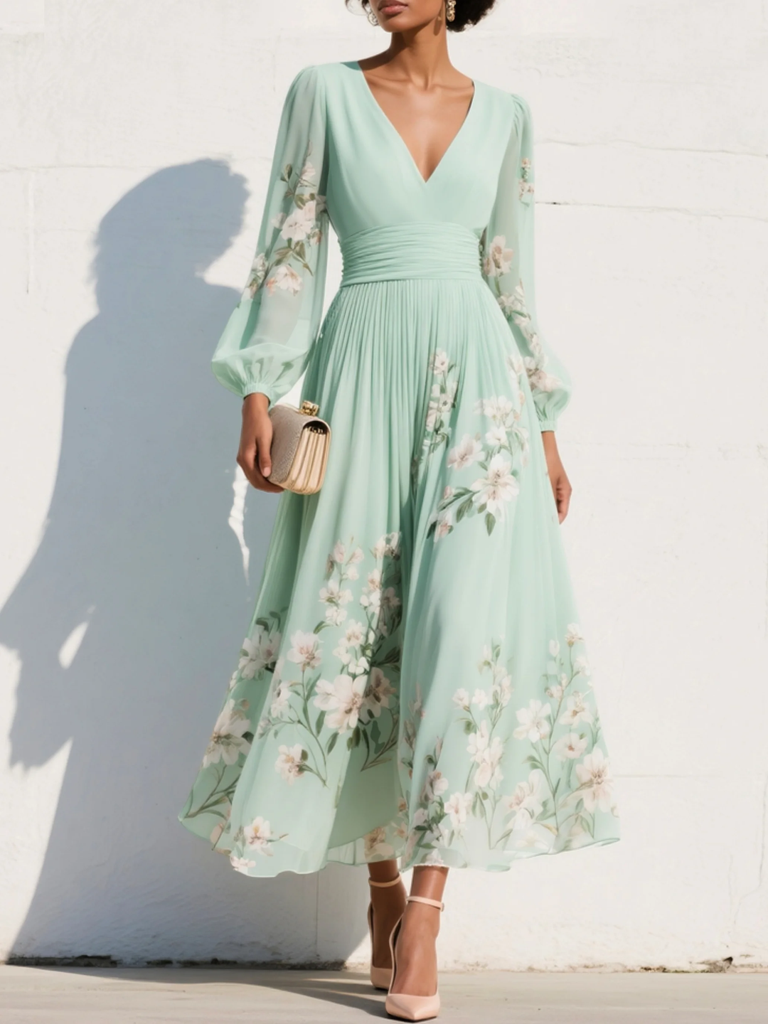 Odile | Women's Floral V Neck Balloon Long Sleeve Fall Brunch Midi Dress