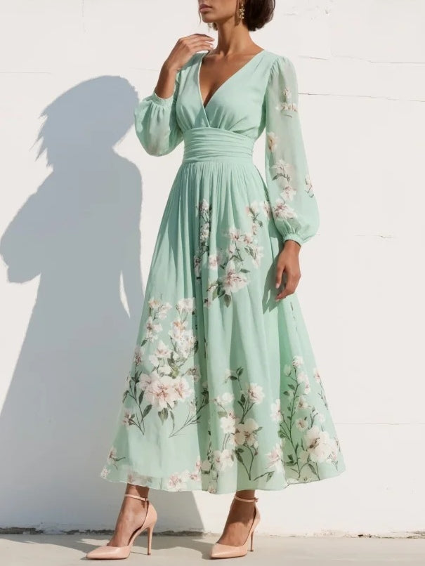 Odile | Women's Floral V Neck Balloon Long Sleeve Fall Brunch Midi Dress