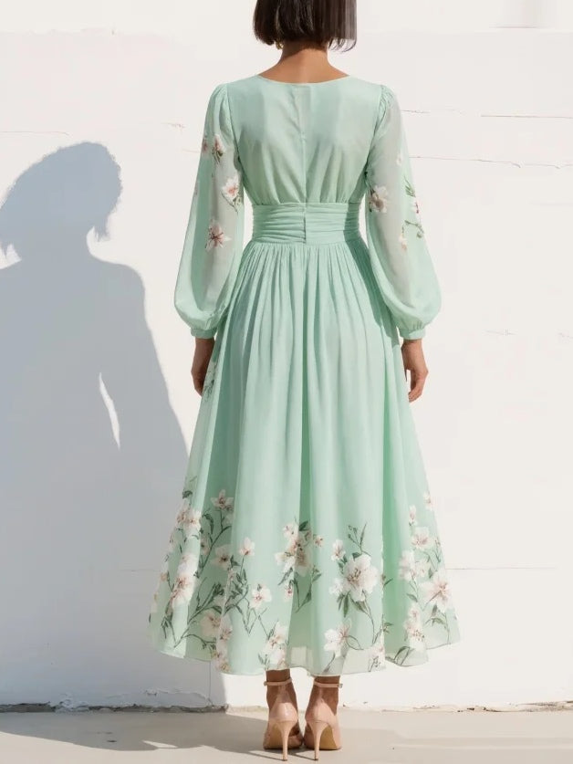Odile | Women's Floral V Neck Balloon Long Sleeve Fall Brunch Midi Dress