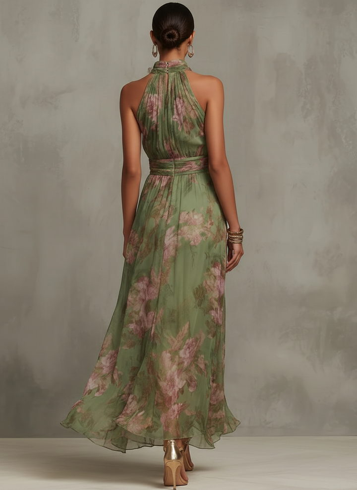 Elegant Green Floral Dress for Women with Halter Neck Breathable Plus Size Flowy Wedding Style