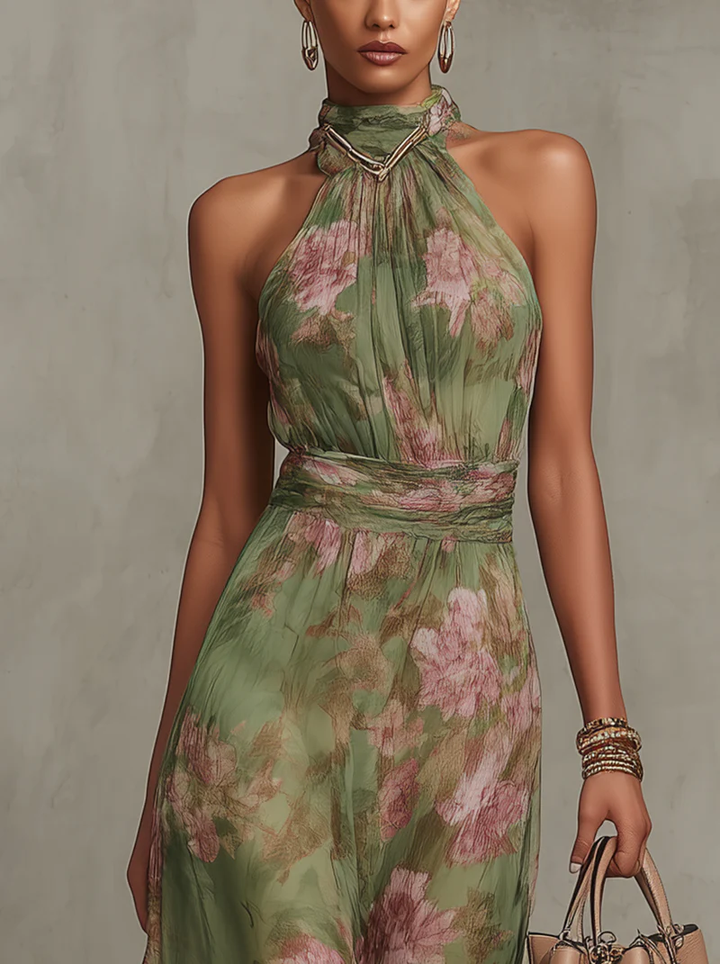 Elegant Green Floral Dress for Women with Halter Neck Breathable Plus Size Flowy Wedding Style