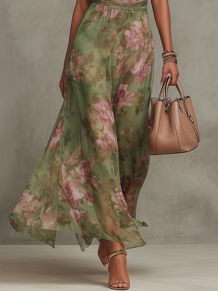 Elegant Green Floral Dress for Women with Halter Neck Breathable Plus Size Flowy Wedding Style