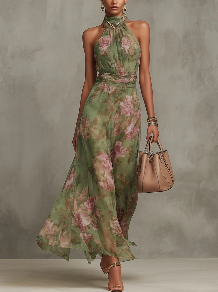 Elegant Green Floral Dress for Women with Halter Neck Breathable Plus Size Flowy Wedding Style