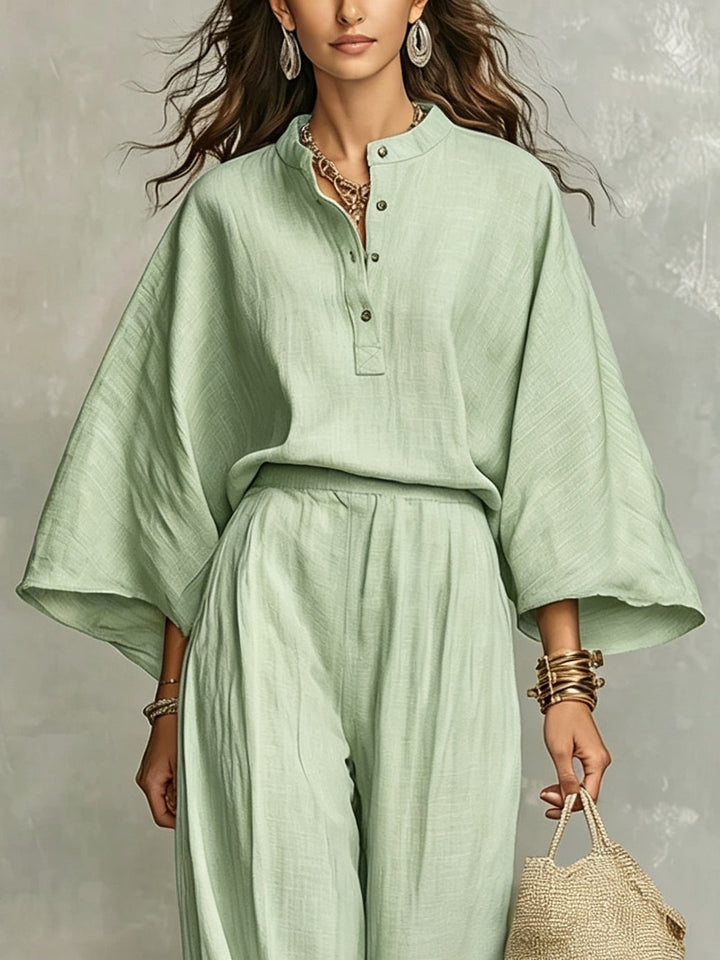 Dahlia | Women's Sage Linen Wide Leg Button Front Bohemian Two Piece Set