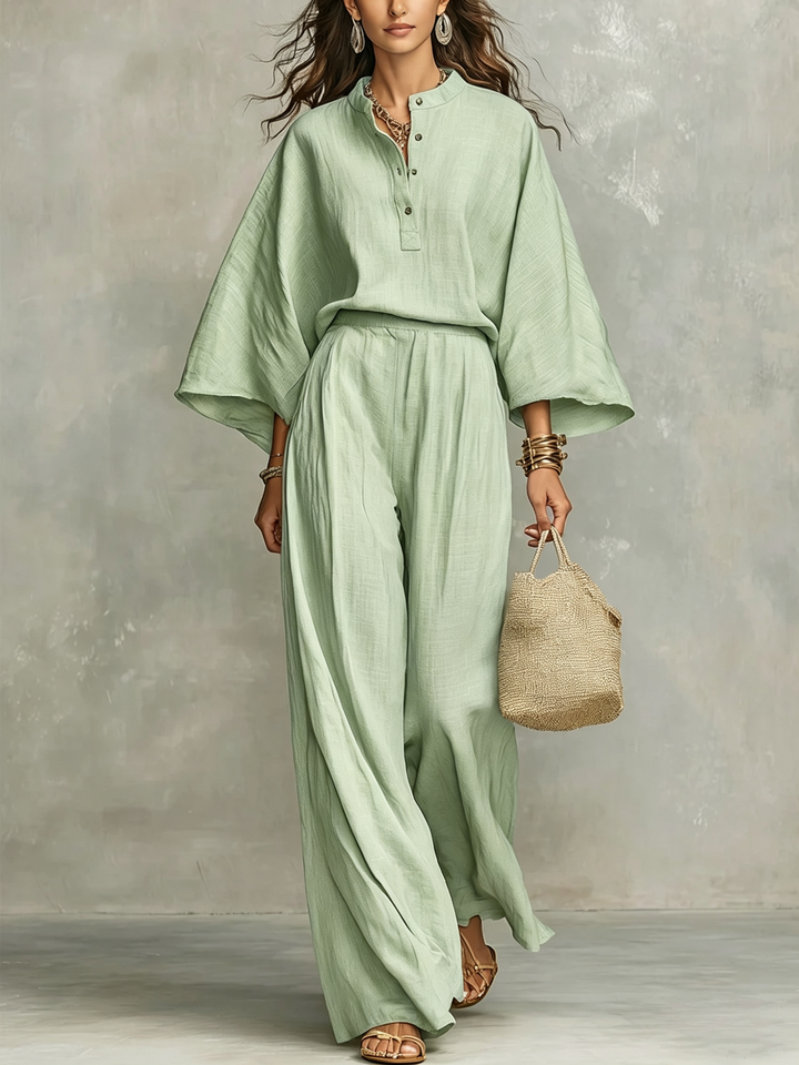 Dahlia | Women's Sage Linen Wide Leg Button Front Bohemian Two Piece Set