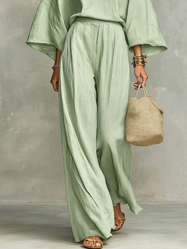 Dahlia | Women's Sage Linen Wide Leg Button Front Bohemian Two Piece Set