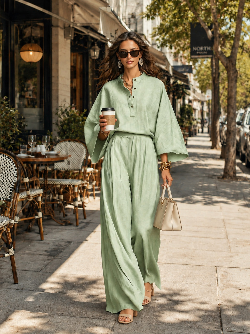 Dahlia | Women's Sage Linen Wide Leg Button Front Bohemian Two Piece Set