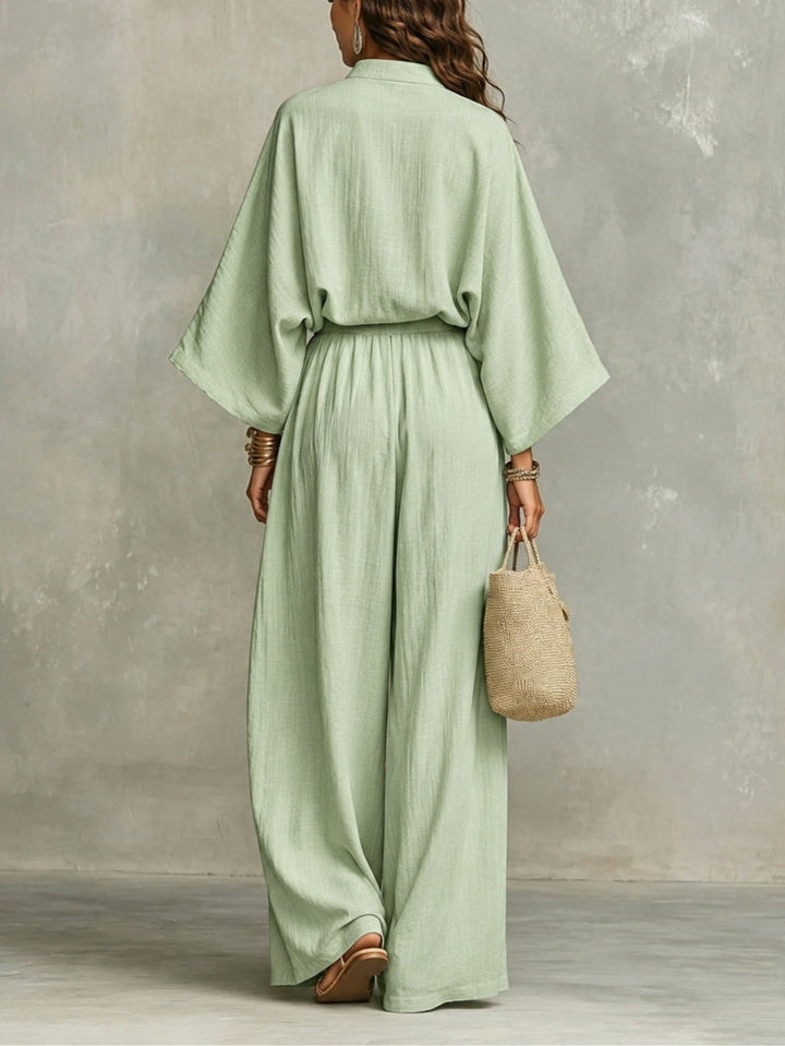 Dahlia | Women's Sage Linen Wide Leg Button Front Bohemian Two Piece Set