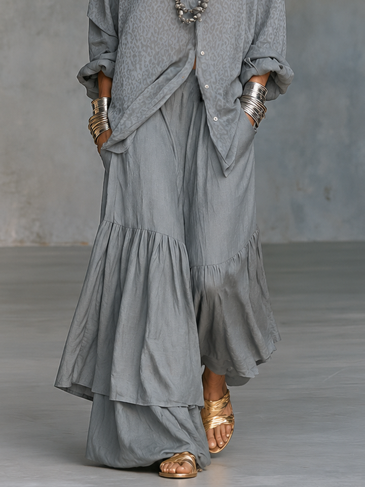 Grey Leopard Print Collared Button Down Long Sleeve Oversized Shirt Tiered Ruffle Wide Leg Palazzo Pant Two Piece Set