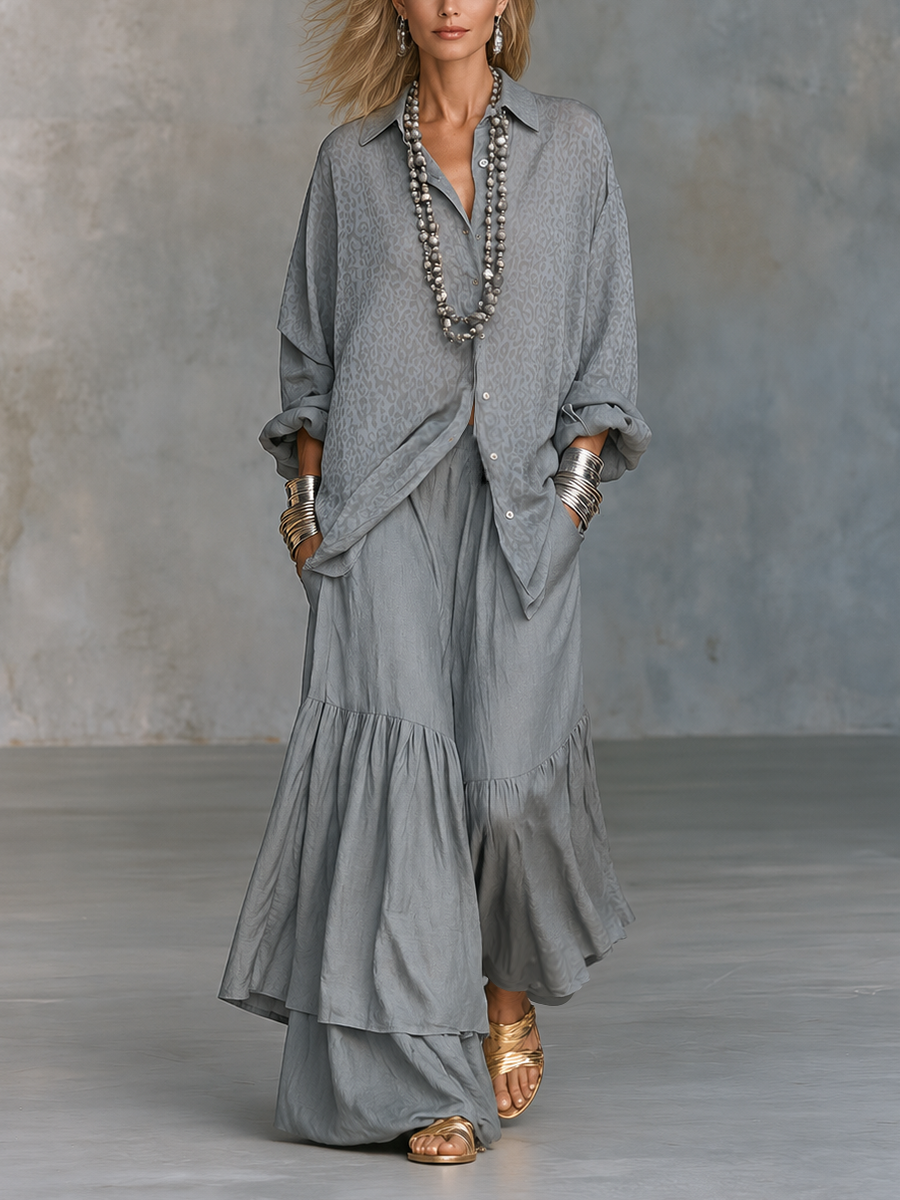 Grey Leopard Print Collared Button Down Long Sleeve Oversized Shirt Tiered Ruffle Wide Leg Palazzo Pant Two Piece Set