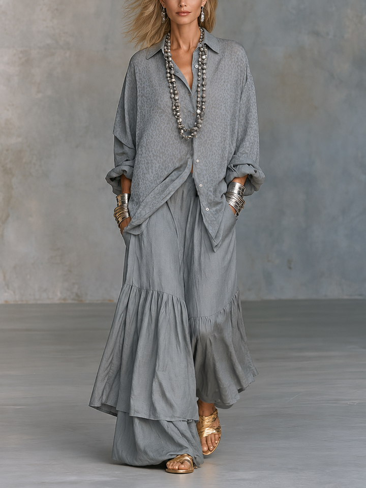 Grey Leopard Print Collared Button Down Long Sleeve Oversized Shirt Tiered Ruffle Wide Leg Palazzo Pant Two Piece Set