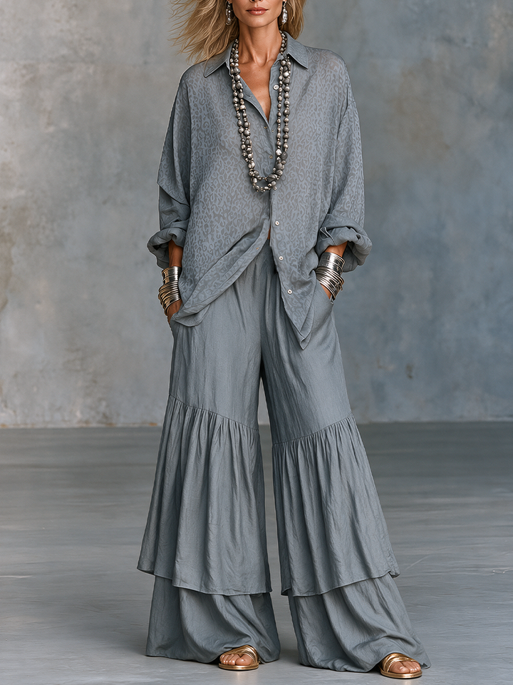 Grey Leopard Print Collared Button Down Long Sleeve Oversized Shirt Tiered Ruffle Wide Leg Palazzo Pant Two Piece Set