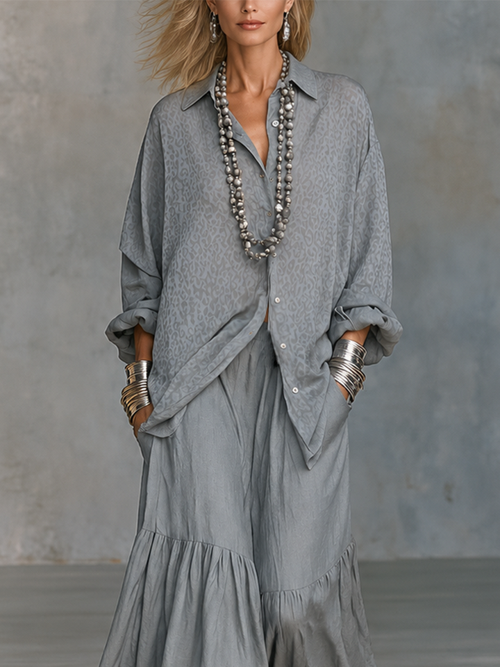 Grey Leopard Print Collared Button Down Long Sleeve Oversized Shirt Tiered Ruffle Wide Leg Palazzo Pant Two Piece Set