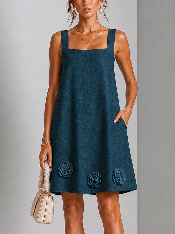 Teal Square Neck Sleeveless Pocket Floral Applique Shift Casual Mini Sundress