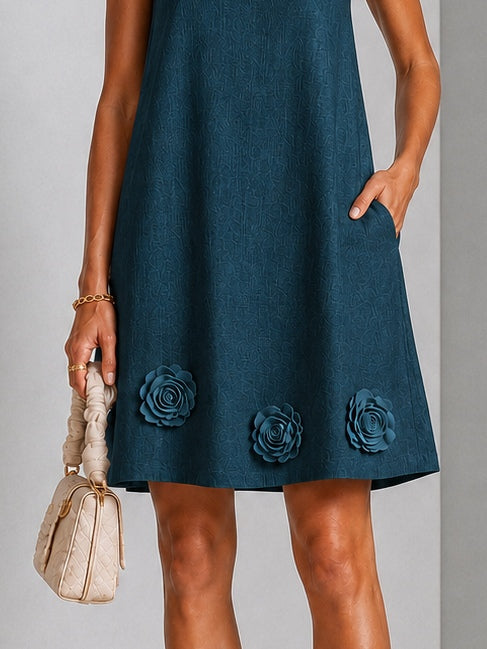 Teal Square Neck Sleeveless Pocket Floral Applique Shift Casual Mini Sundress