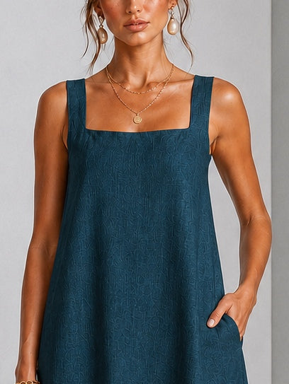 Teal Square Neck Sleeveless Pocket Floral Applique Shift Casual Mini Sundress