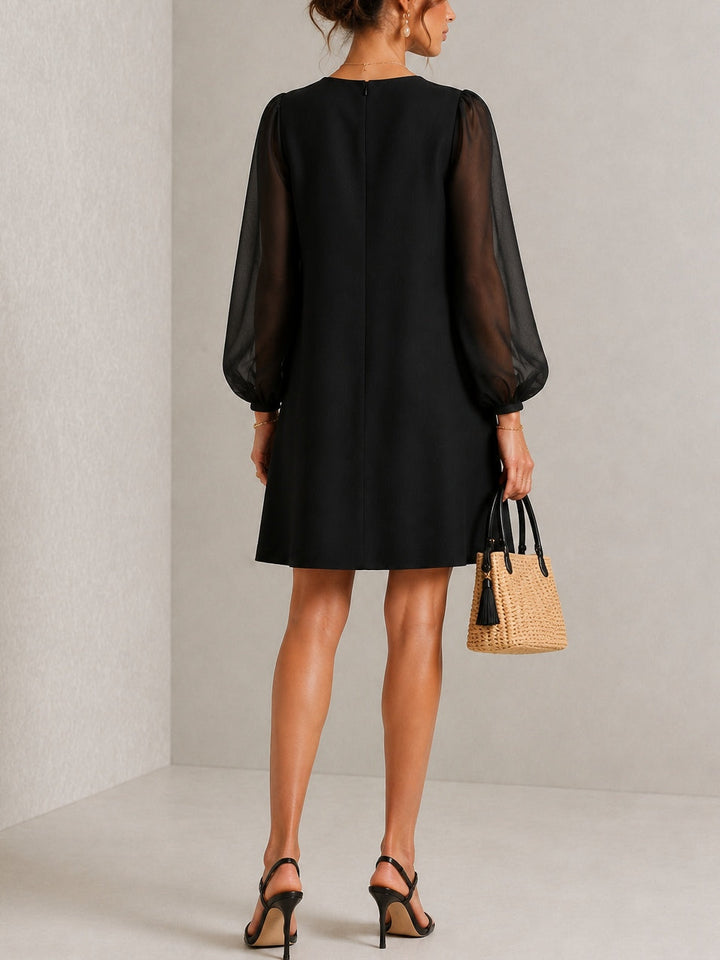 Black Round Neck Sheer Long Sleeve Floral Applique Shift Cocktail Party Mini Dress
