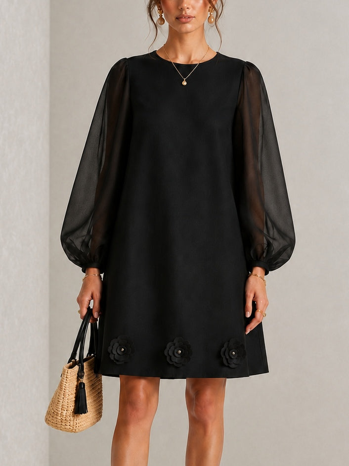 Black Round Neck Sheer Long Sleeve Floral Applique Shift Cocktail Party Mini Dress