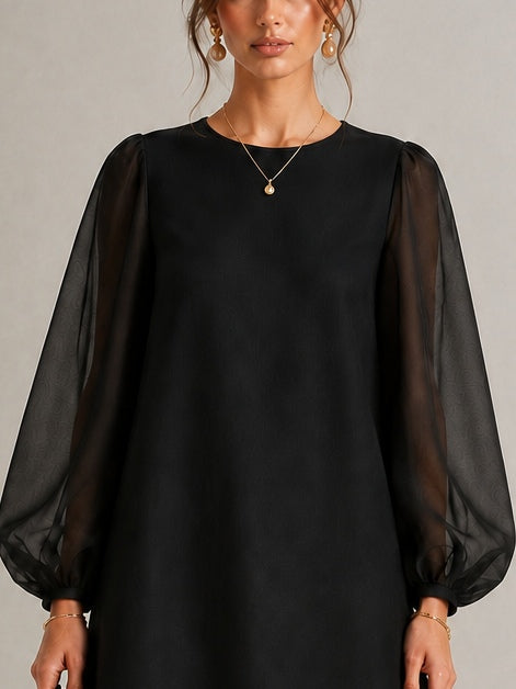 Black Round Neck Sheer Long Sleeve Floral Applique Shift Cocktail Party Mini Dress