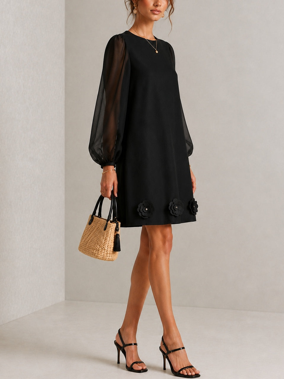Black Round Neck Sheer Long Sleeve Floral Applique Shift Cocktail Party Mini Dress