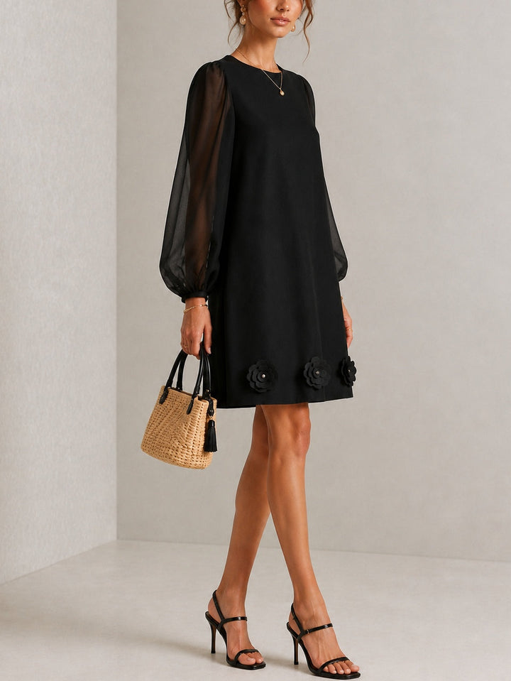 Black Round Neck Sheer Long Sleeve Floral Applique Shift Cocktail Party Mini Dress
