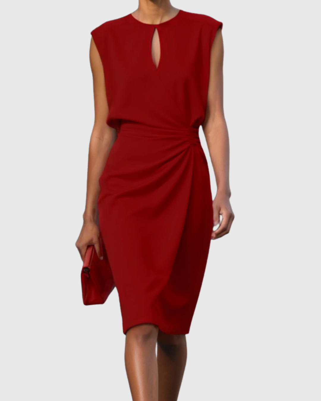 Red Dress Ruched Waist Keyhole Neckline