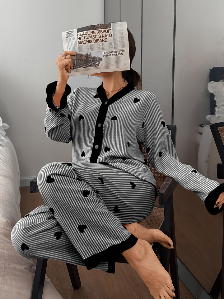 Effortless Heart Pajamas for Women with V Neck Long Sleeve Contrast Cuff Casual Style
