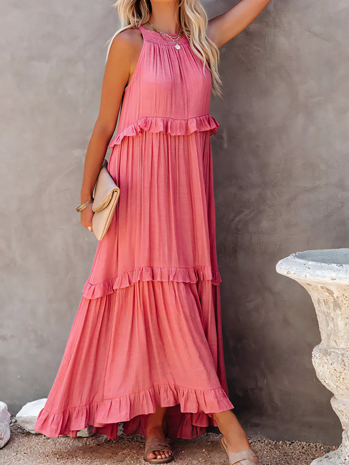 Pink Dress Tiered Ruffle Smocked Halter Maxi