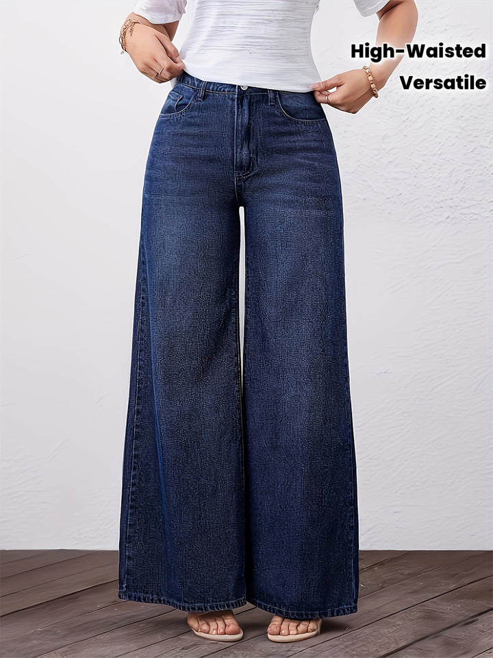Stylish Blue Denim Wide Leg Jeans for Women with Loose Fit Plus Size Flowy Style
