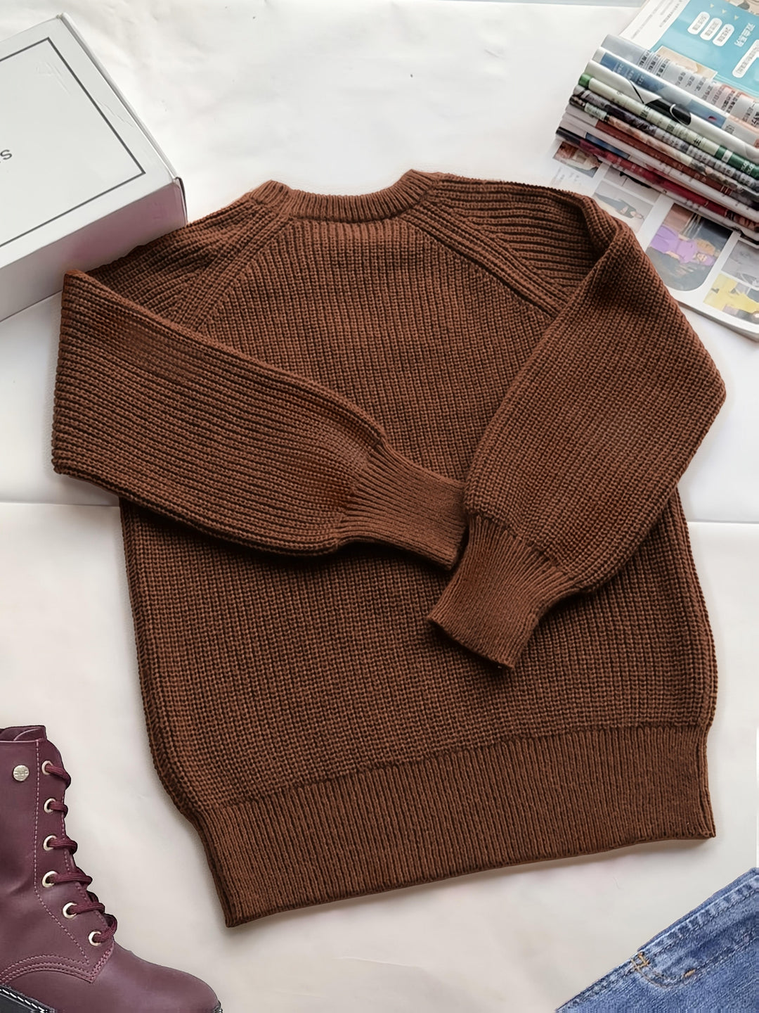 Edith | Women's Knit Oversized Crew Neck Long Sleeve Belted Casual Blouse