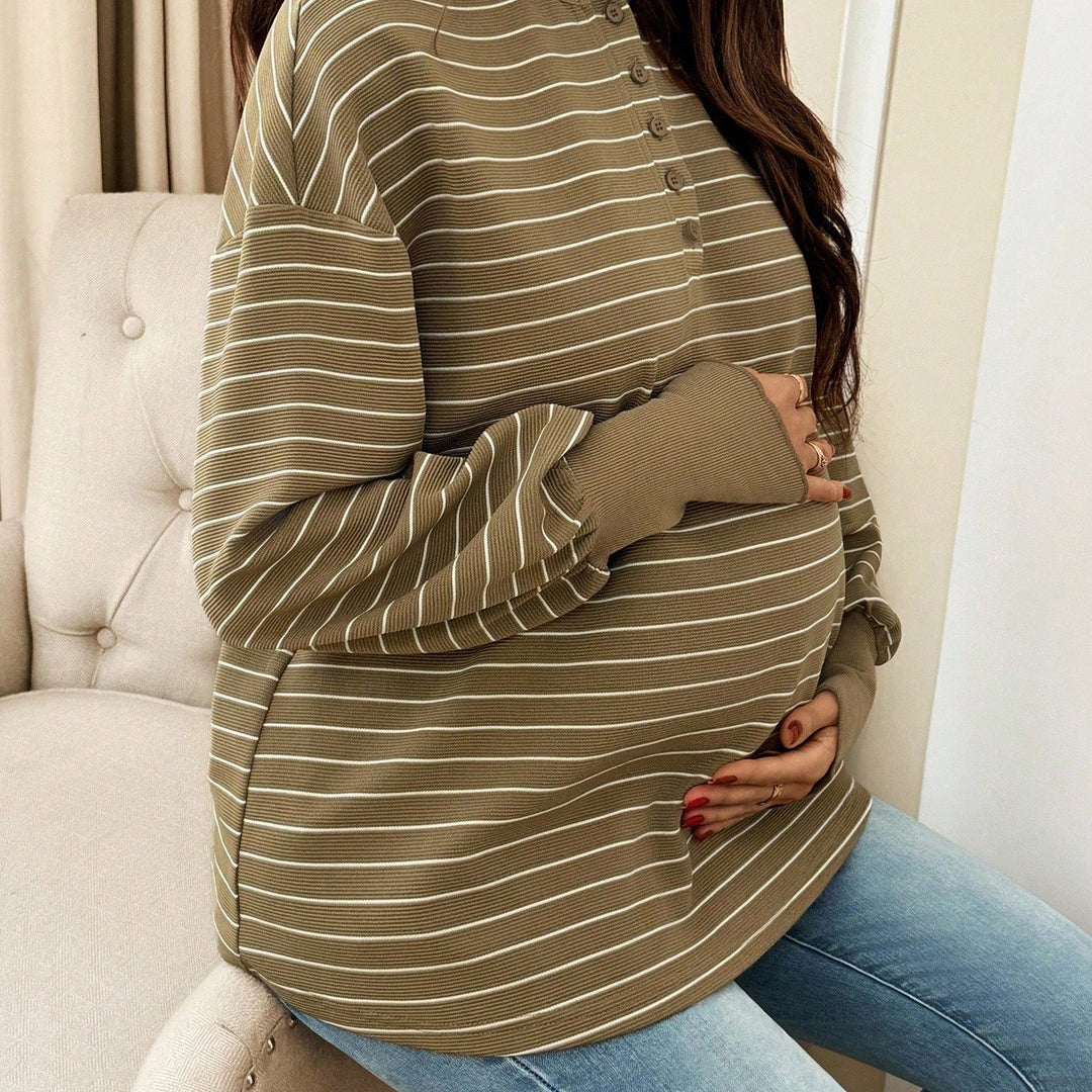 Elegant Green Stripe Knit Maternity Top for Women with Crew Neck Long Sleeve Button Front Plus Size Flowy Style