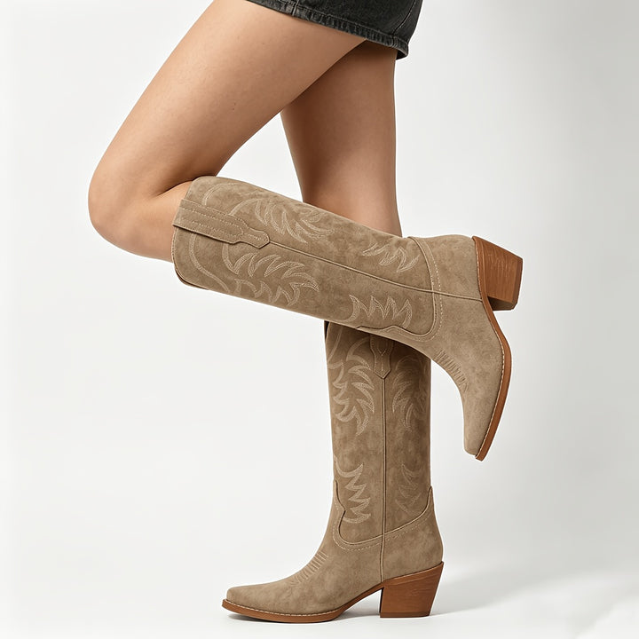 Yael | Women's Brown Knee High Wide Calf Cowboy Boots for Women
