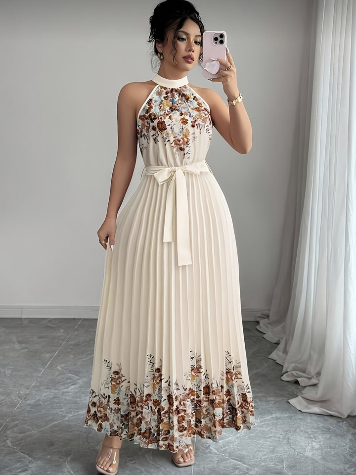 Women's Black Floral Halter Neck Pleated Belted Maxi Wedding Guest Dress