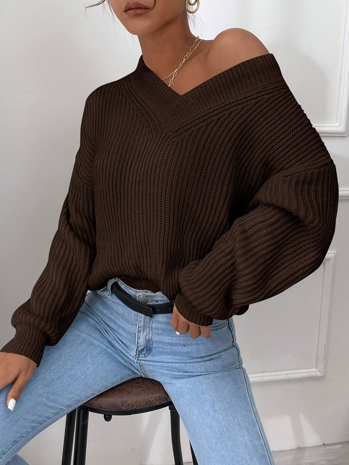 Soft Dark Brown Fall Sweater for Women with V-neck