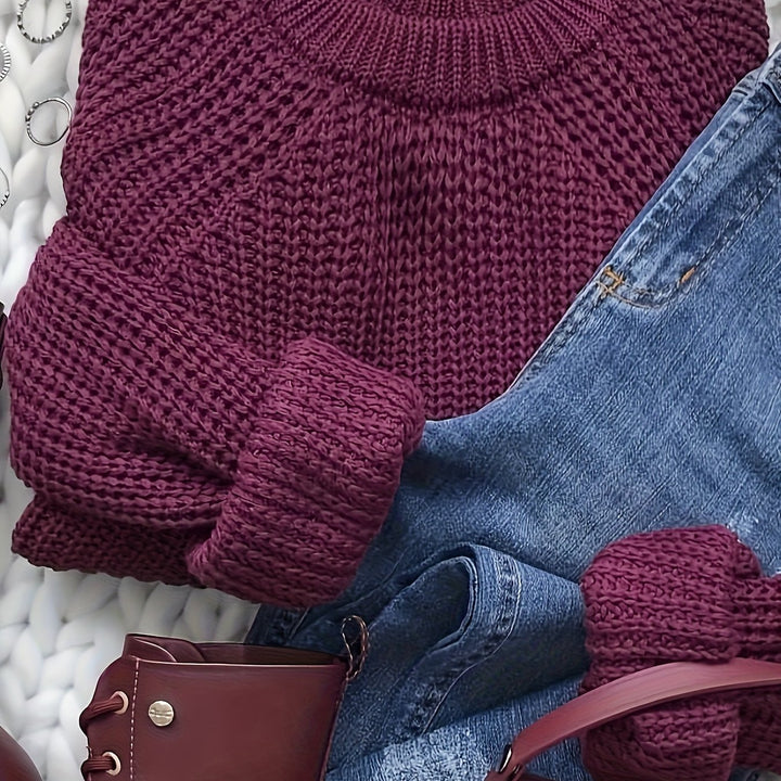 Edith | Women's Knit Oversized Crew Neck Long Sleeve Belted Casual Blouse