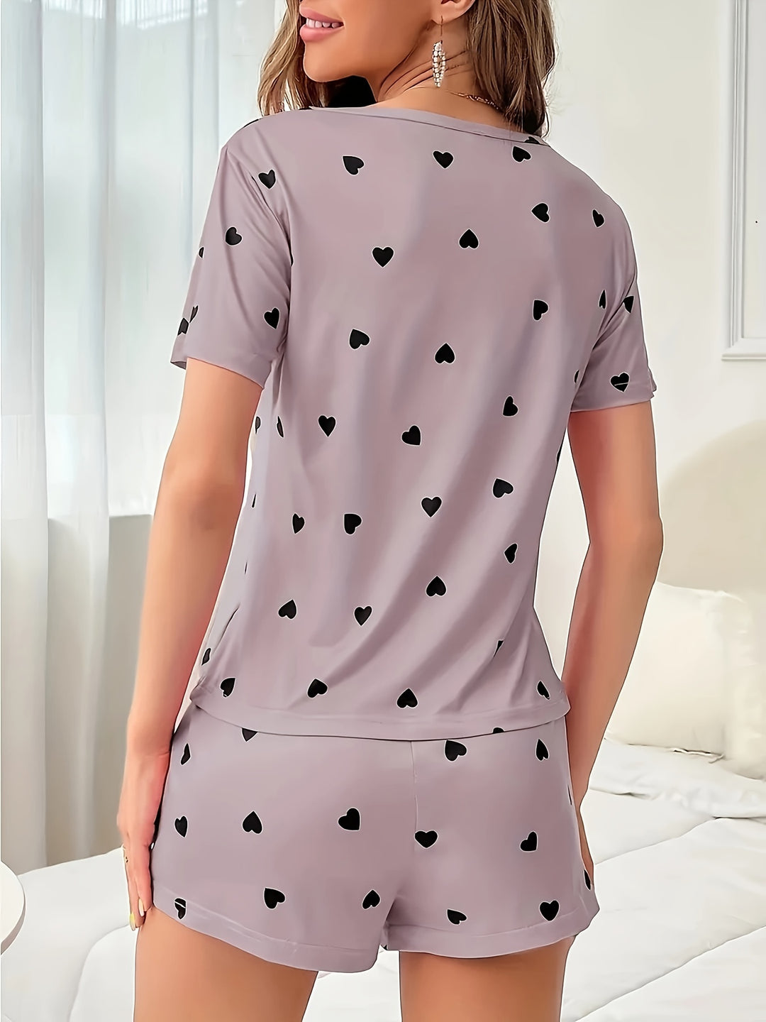 Effortless Purple Heart Knit Pajamas for Women with Crew Neck Short Sleeve Shorts Set Casual Style