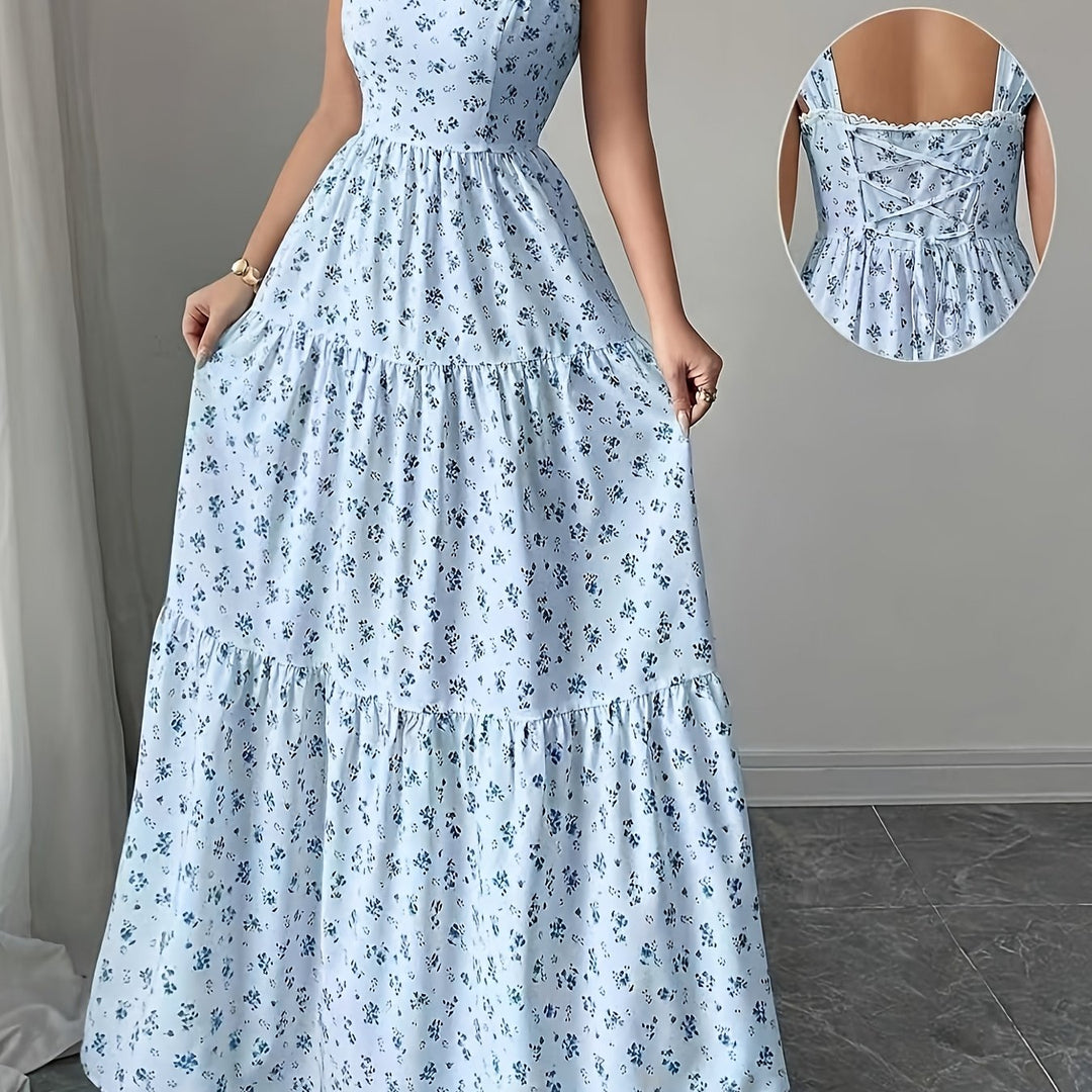 Elegant Floral Maxi Dress for Women with Square Neck Sleeveless Tiered Lace Up Plus Size Flowy Casual Style