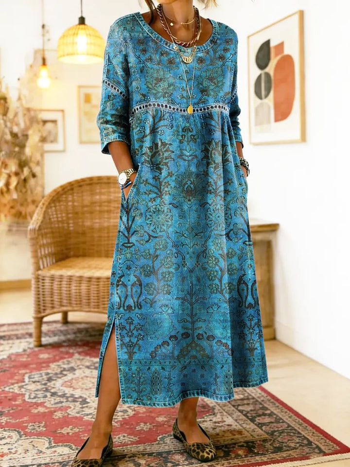 Blue Floral Print Round Neck Long Sleeve Pocket Loose Plus Size Boho Maxi Dress