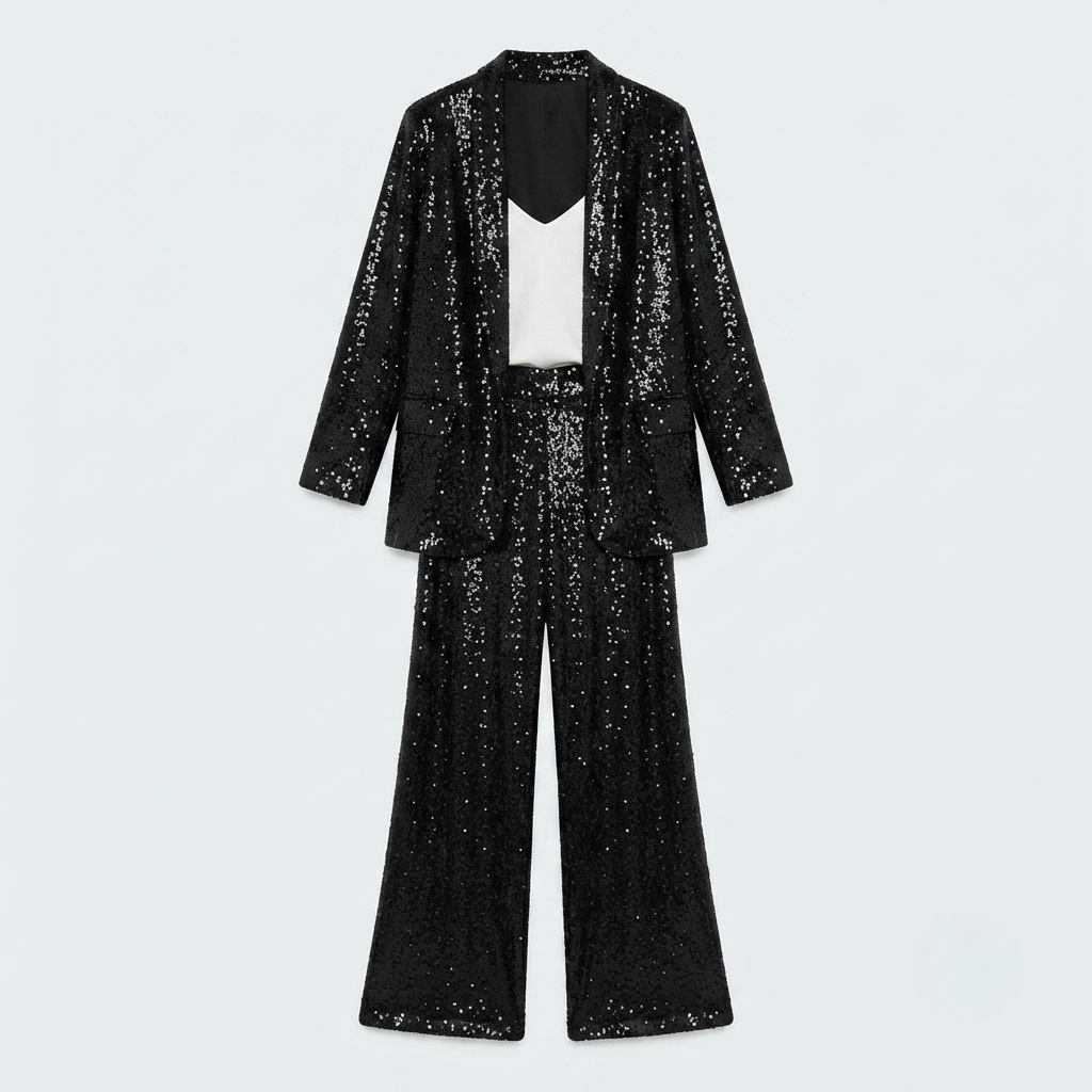 Two Piece Set Sequin Open Front Wide Leg Pant