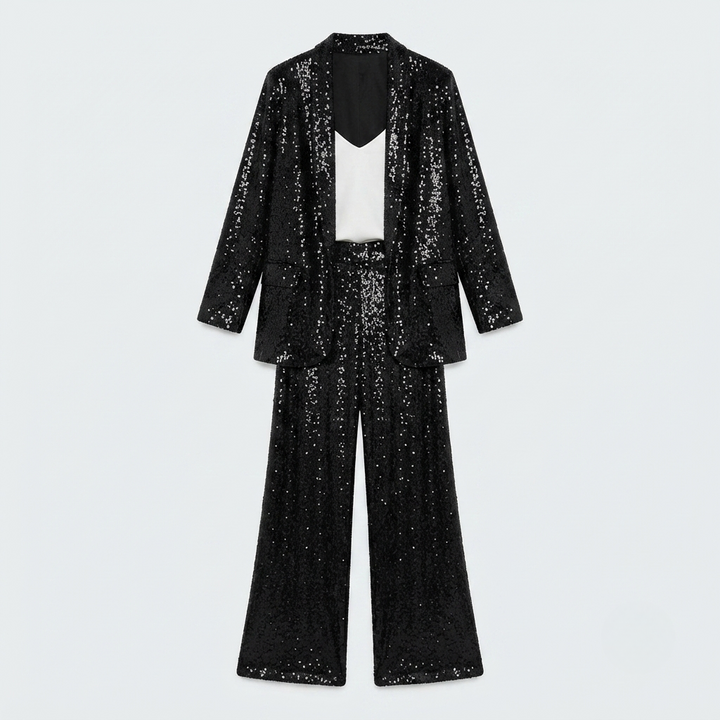 Two Piece Set Sequin Open Front Wide Leg Pant
