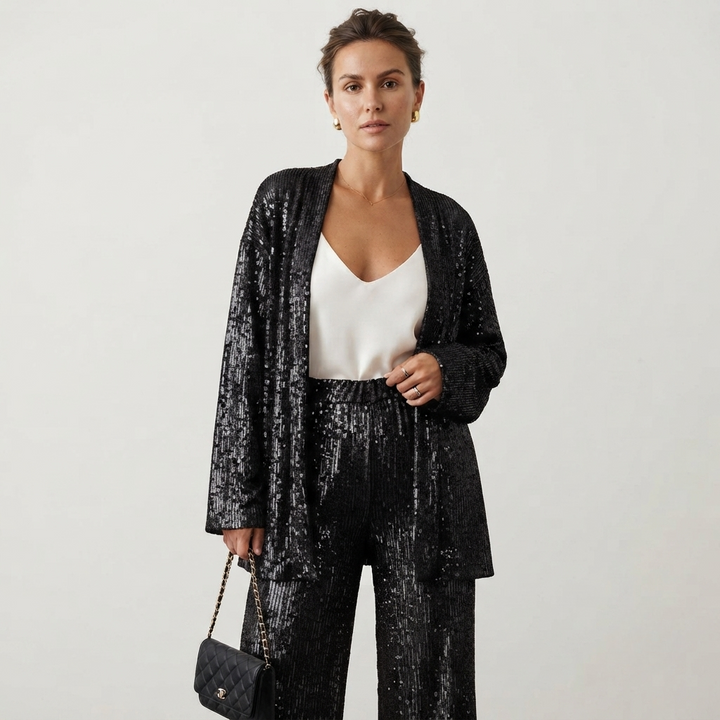 Two Piece Set Sequin Open Front Wide Leg Pant