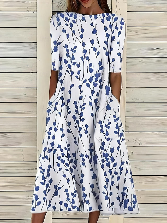 Savannah | Women's Plaid Crew Neck Short Sleeve Stretchy Casual Midi Breathable Dress