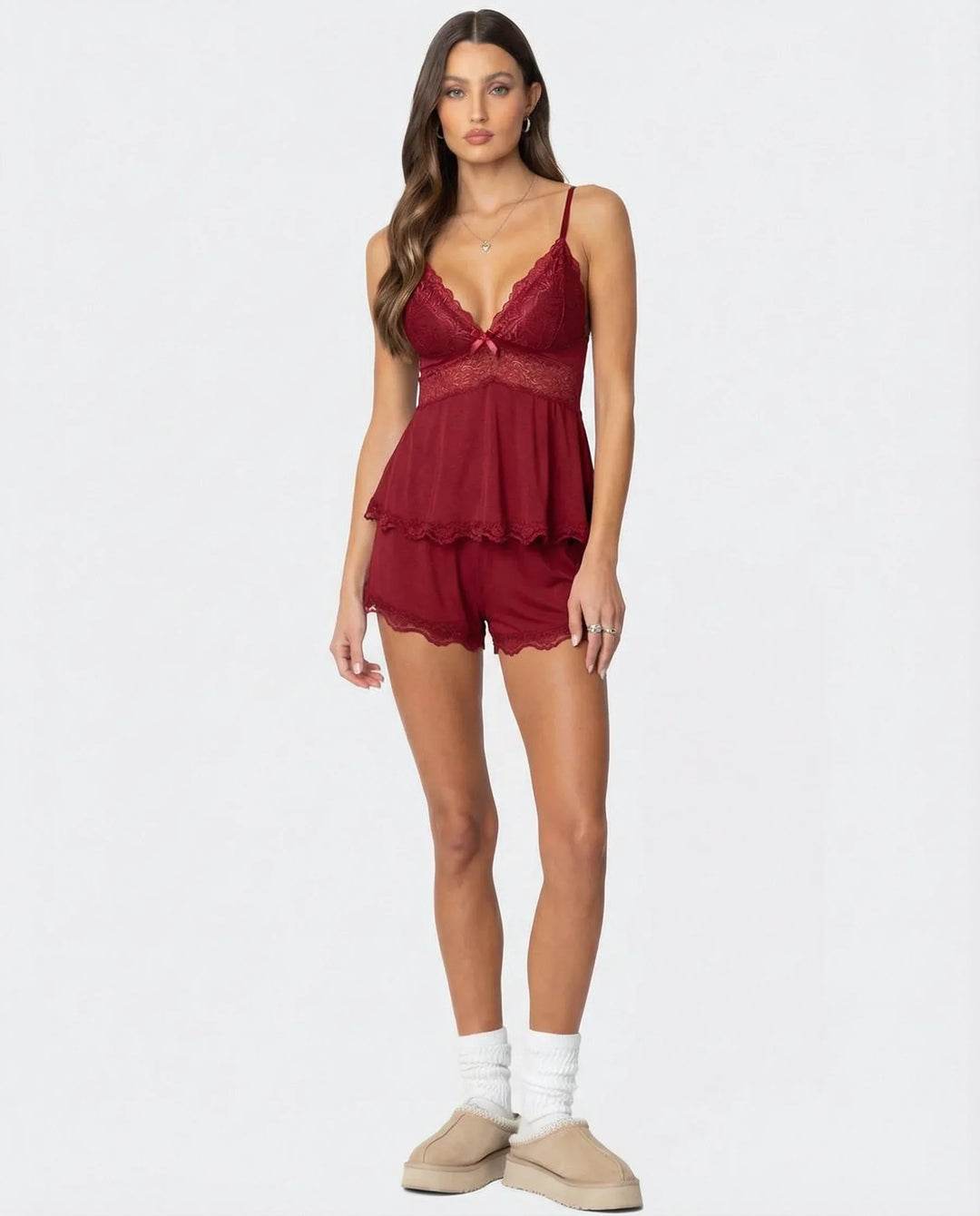 Zora | Women's Lace Wedge Heel Casual Pajama Ankle Strap Set