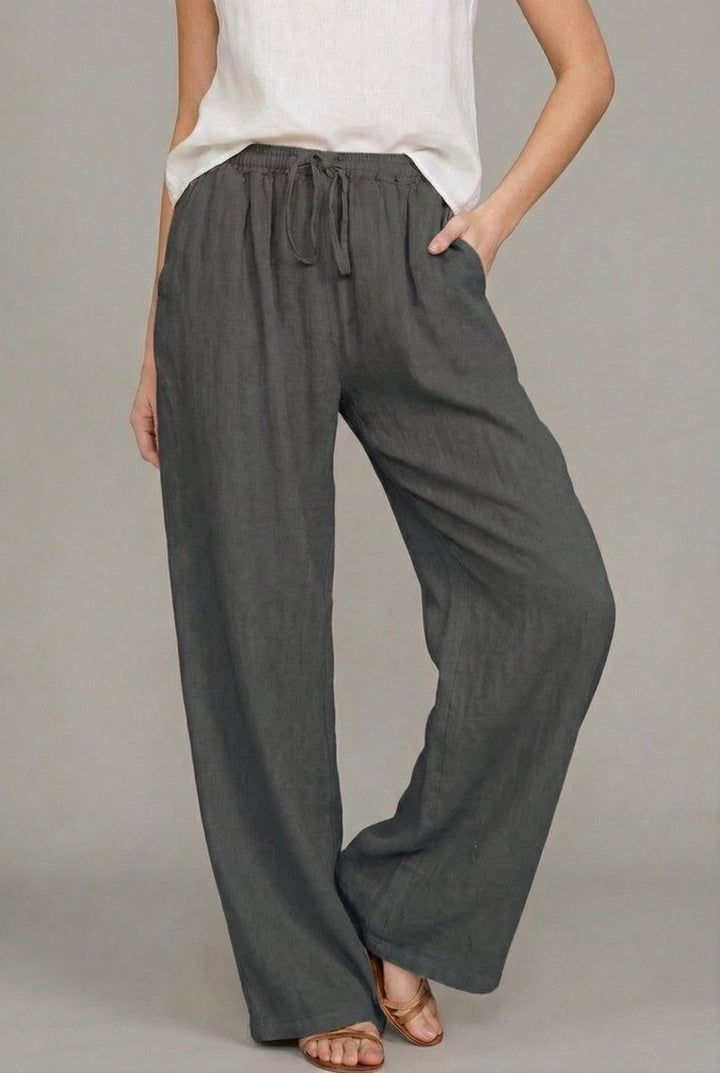High Rise Drawstring Elastic Waist Pocket Wide Leg Palazzo Trouser Pants