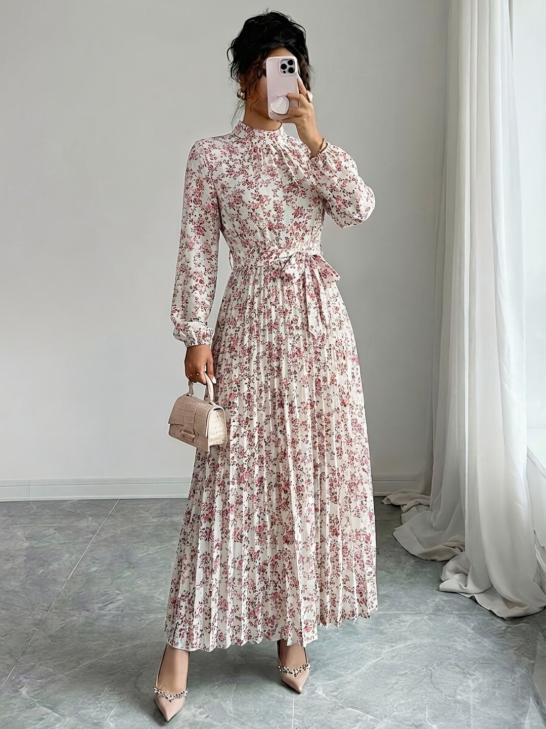 Elegant Floral Long Sleeve Midi Dress for Women with Collared Casual S – Hattie B's Boutique