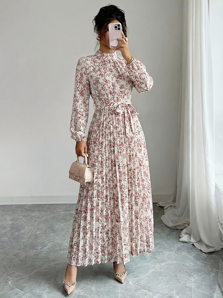 Elegant Floral Long Sleeve Midi Dress for Women with Collared Casual Style