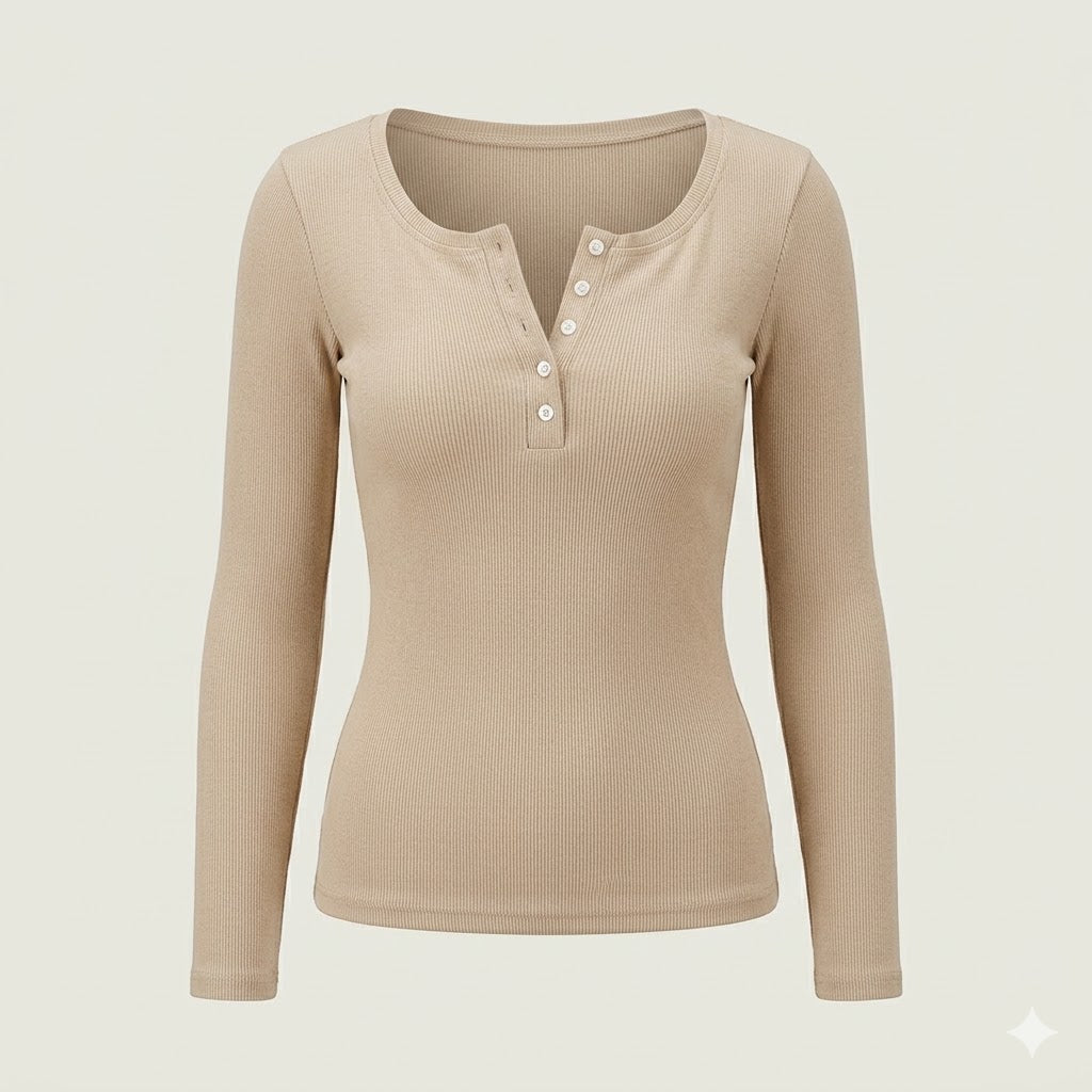 Cecile | Women Ribbed Button Long Sleeve Top