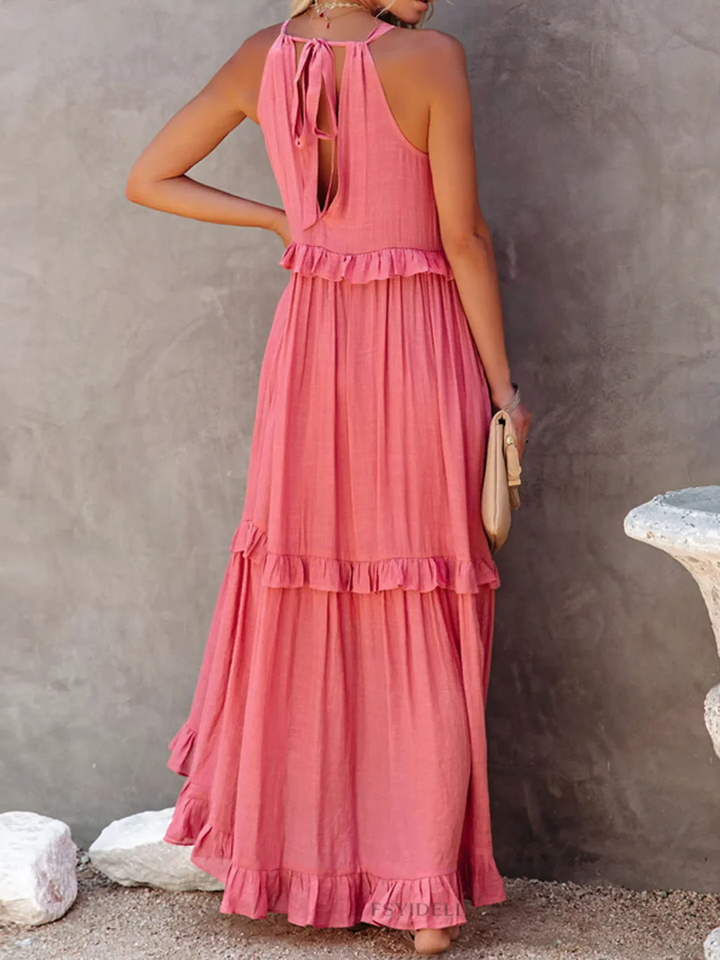 Pink Dress Tiered Ruffle Smocked Halter Maxi